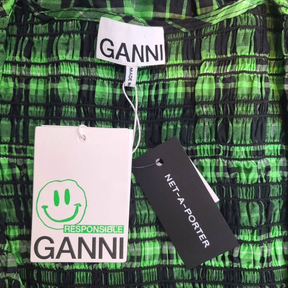 GANNI Seersucker Checked Smocked Maxi Dress in Green NWT Size 40 - Picture 5 of 14